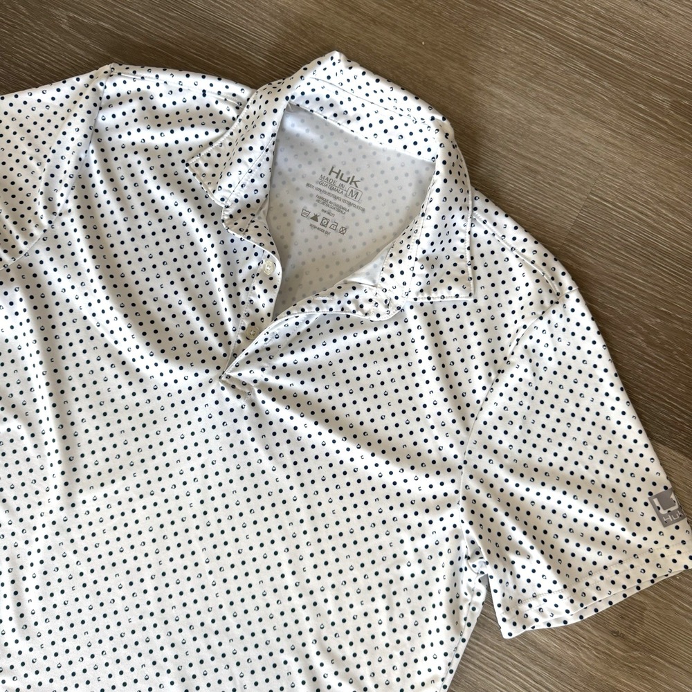 Huk AOP Fishing Bobber Performance White Golf Polo Men's Size M